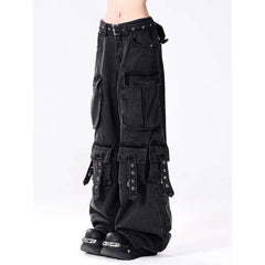 Threebooy American hip-hop men and women trendy and personalized multi pocket straight leg jeans for couples loose retro casual pants y2k