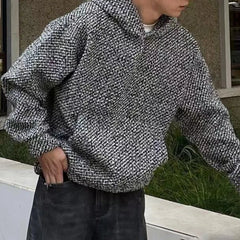 Threebooy Autumn Winter New Tweed Woven Heavy Hooded Sweatshirt For Men Fashion High-End Loose Pullover Versatile Casual Hoodie For Men