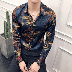 Threebooy Men Shirt Long Sleeve Hawaiian Social Luxury Button Up Cardigan Blouses Single Breasted Turn-down Collar Broad