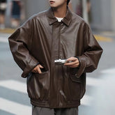 Threebooy Mens Pu Leather Jacket Maillard Biker Pu Jacket Autumn Motorcycle Fashion Streetwear Simple Casual Jacket Men'S Clothing