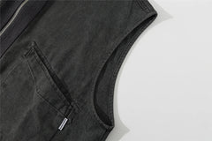 Threebooy Vintage Zipper Denim Vest Jackets Men Streetwear Sleeveless Cargo Coats Harajuku Loose Casual Letter Print Jeans Vests Male