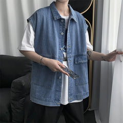 Threebooy Men's Spring Autumn Strapless Denim Jacket Korean Fashion Loose Sleeveless Work Cowboy Vest