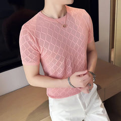 Threebooy Clothing Men Summer Casual Short Sleeve Ice Silk knit T-shirt/Male High Quality Fashion Round Neck Hollow Out T-shirt