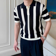 Threebooy Men's Clothing Urban Fashion Striped Knit Polo Shirt Casual Business Slim Short Sleeve T-shirt Chic Hollow Out Breathable Tops