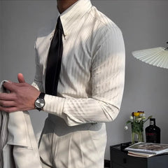 Threebooy New Italy Business Men Shirts Light Luxury Textured Peaked Lapel Striped Long Sleeve Cardigan Leisure High Quality Blouse M-2XL