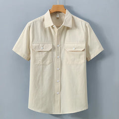 Threebooy Men's Cotton Short Sleeve Casual Shirt Fashion Double Pocket Single Breasted Summer Beach Shirt Lightweight Breathable Blouse