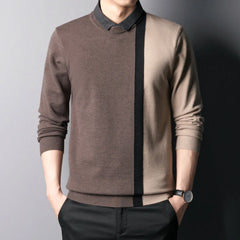 Threebooy New Men's Wool Blend Sweater Shirt with Faux Collar, Striped Color Block Design Knit Sweater Sweater Men Casual Fashion