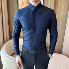 Threebooy Solid Color Shirts Men Dress Vertical Shirts Slim Men Casual Business Long Sleeve Shirt Male Chemise Homme Tuxedo Shirt 4XL-M