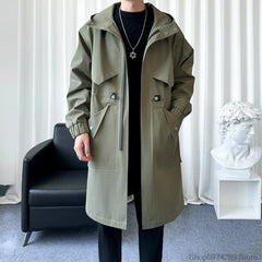 Threebooy Trench coats men hooded Autumn New Classic Fashion Trendy Long Coat Men Casual Loose Comfortable High Quality Trench Coat