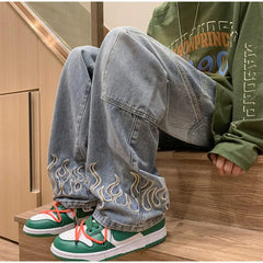 Threebooy Men Jeans 2024 Spring Fashion Flame Embroidery Neutral Loose Straight Casual Simple Wide Leg Denim Trousers Male Hip Hop Pants