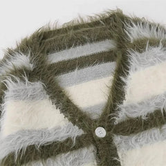 Striped Plush V-neck Sweater Men's Loose Casual Brushed Knit Trendy Couple Versatile Comfortable Harajuku High Street Cardigan