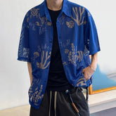 Threebooy Mens Shirt Mesh Underwater World Printed Short Sleeved Shirt Summer Breathable Quick Drying Ethnic Style Top Men's Clothing