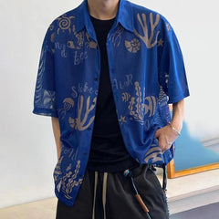 Threebooy Mens Shirt Mesh Underwater World Printed Short Sleeved Shirt Summer Breathable Quick Drying Ethnic Style Top Men's Clothing