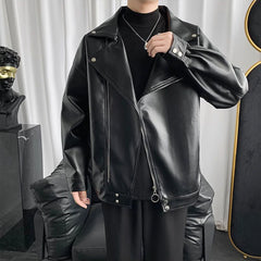 Threebooy Leather Mens Trendy Cool Baseball Sports Jacket Winter Niche Jacket Motorcycle Solid Color Zipper Leather Jacket Men's Outfit