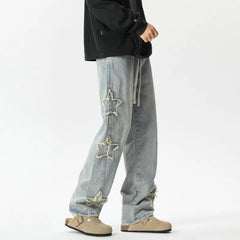 Threebooy Star Embroidered Men's Jeans Baggy Straight Elastic Waist Denim Pants Fashion High Street Hip Hop Streetwear Y2K Male Trousers