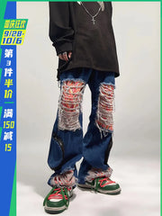 Threebooy American High Street ins Loose Large Damaged Patch Jeans Straight Sweep Floor Pants Fashion Men streetwear pantalon jean