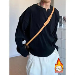Threebooy Extra Large Pleated Pit Strip T-shirt for Men and Women with Design Sense V-neck Loose Long-sleeved Cityboy Henry Collar T-shirt