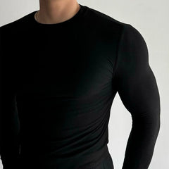 Threebooy Threaded Round Neck Gym Long-Sleeved T-Shirt Mens Autumn Fashion Bottoming Shirt Advanced Casual Slim Elastic Muscle Fitness Top