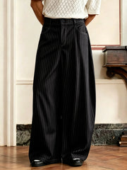 Threebooy Men's Vintage Pinstripe Baggy Wide Leg Pants 97% Polyester 3% Elastane Pleated High Waist Business Casual Black Navy Trousers