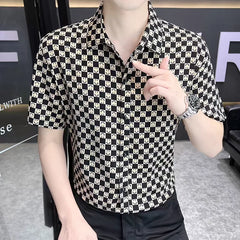 Threebooy Trend Versatile Summer New Thin Shirts Men Clothing Lapel Print Plaid Single Breasted Streetwear Fashion Slim Short Sleeve Tops