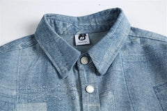 Threebooy Vintage Print Denim Shirts Mens Streetwear Long Sleeve Shirt for Men Harajuku Loose Casual Cotton Blouse Jeans Coats