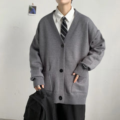 Threebooy Men's Cardigan Sweater Knitwear Jacket Spring Autumn V-neck Long Sleeves Single-breasted Pockets Loose Casual Linen Sweaters