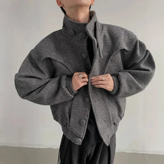 Threebooy 90s Streetwear Men's Woolen Jackets Turn-down Collar Solid Color Clothing Single Breasted Casual Male Coats New Winter