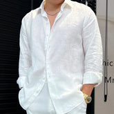 Threebooy Spring Summer New High-end Linen Solid Color Long Sleeved Shirt Men's Loose and Versatile White Top Shirt