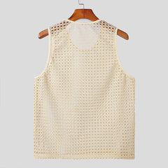 Threebooy New American Style Fashion Men Tops Popular Vacation Hollow Out Mesh Vests Sexy Casual Sleeveless Tank Tops S-2XL Summer