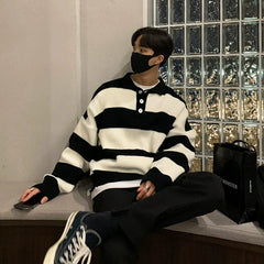 Threebooy New Fashion Striped Men Polo Sweater Light Luxury Korean Popular Knitwear Premium Quality Long Sleeve Pullover Trendy Streetwear