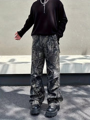 Threebooy American Retro Washed Branch Camouflage Pleated Work Pants Men's Straight Loose Outdoor Casual Trousers