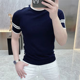 Threebooy Summer Knitted Striped T-shirt for Men Elastic Ice Silk Short Sleeve Round Neck T-shirt Slim Fit Casual Business Tee Tops M-4XL