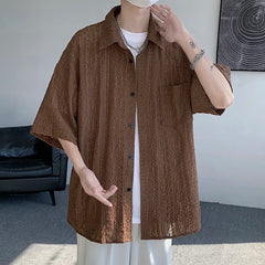 Threebooy Summer Short Sleeved Shirt Men Casual White Shirt Men Streetwear Hip-hop Loose Hollow Shirt Mens Hawaiian Shirt Plus Size 5XL