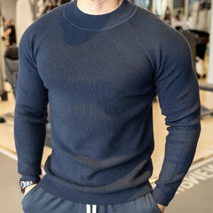 Threebooy New American Style Men Basic Sweater Fashion Fitness Knit Solid Color Long Sleeve Pullover Casual O Neck Retro Splicing Knitwear