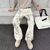 Threebooy Y2K Mens Pants Leopard Print Contrasting Casual Wide Leg Jeans Summer High Street Washed Straight Leg Pants Men's Clothing