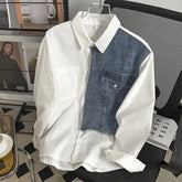 Threebooy Japanese High-end Denim Jacket Spliced Long-sleeved Shirt Men's Niche Design Sense High Street Couple Loose Casual White Shirt