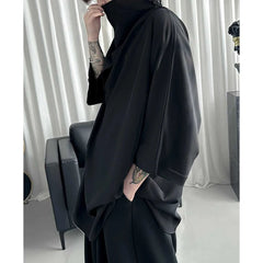 Threebooy Summer Pile Collar Solid Color Loose Casual Fashion Shirt Male 3/4 Sleeve Black All-match Harajuku Y2K Blouse Men Streetwear Top