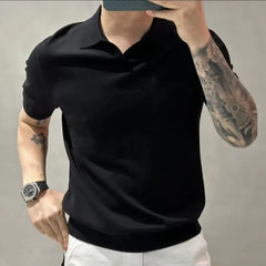 Threebooy Men's Clothing Light Luxury Knitted Polo Shirt Casual Soild V-Neck Solid Jacquard Short Sleeve T-Shirt Breathable M-4XL