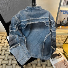 Threebooy Spring Autumn Jeans Coat American Retro Old Concave Embossed Shoulder Pad Denim Jacket Boys Washing with Breasts Dirty Coats Men