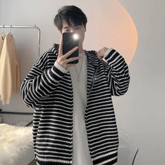 Threebooy Autumn Clothing Men's Light Luxury Knitted Hooded Cardigan Sweatercoat Korean Vintage Zipper Long Sleeve Hoodie Knitwear New