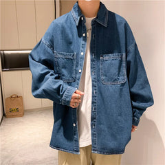 Threebooy Denim Long-sleeved Shirt Men's Solid Color Autumn Korean Style Trendy Simple Shirt Hong Kong Style Loose and Handsome Ins Jacket