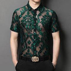 Threebooy New Fashion Floral Embroidery Transparent Shirt Man See Through Sexy Casual Shirts Men Social Party Lace Sheer Blouse Hollowout