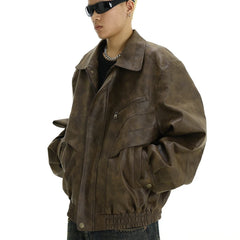 Threebooy 90s Streetwear American Retro Brown Leather Jacket Men's Casual Lapel Jacket