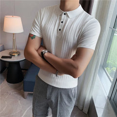 Threebooy High Quality Summer Ice Silk Short Sleeve Knitted Polo Shirt Men Clothing Turn Down Collar Slim Fit Casual Tee Shirt Homme