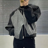 Threebooy Mens Autumn Jacket Woolen Patchwork Fake Two-Piece Zipper Contrast Color Casual Streetwear Male Top New Fashion Men'S Clothing