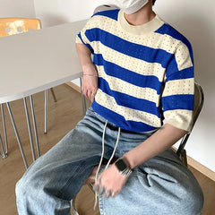 Threebooy Men's Clothing Korean Luxury Knit Texture Striped T Shirt Leisure Streetwear O Neck Short-Sleeved Fashion Popular Knitwear M-2XL