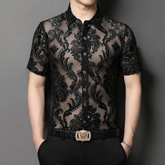 Threebooy New Fashion Floral Embroidery Transparent Shirt Man See Through Sexy Casual Shirts Men Social Party Lace Sheer Blouse Hollowout
