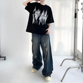 Threebooy Korean Retro Men'S Ripped Jeans Loose Straight Leg Pants Fashionable Design Jeans Casual Wide Leg Pants