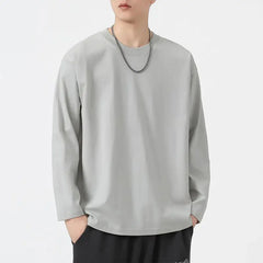 Threebooy Men's Spring and Autumn New Splicing Pullovers O-Neck Fashion Solid Color Loose and Versatile Casual Long Sleeve Tops