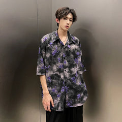 Threebooy Summer Floral Printing Short Sleeve Shirts Men Fashion Casual Loose Shirt Korean Street Style Ice Silk Cool Blouse Mens Shirt
